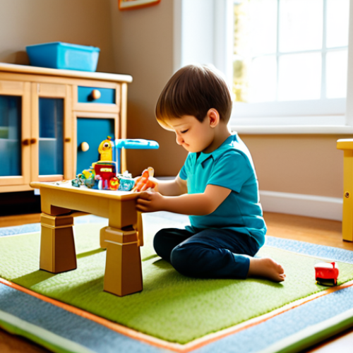 Home 4 A young child, fully clothed in comfortable, modest attire, deeply absorbed in imaginative play on a soft rug in a sunlit playroom. Sylvanian Families figures and miniature furniture are arranged around them, creating a detailed, vibrant village scene. The child's hands are gently moving figures, expressing a sense of wonder and creativity, illustrating the development of fine motor skills and rich narrative building. The atmosphere is warm and inviting, captured with professional lighting and high-definition detail. This image is safe for work, appropriate content, and family-friendly, featuring perfect anatomy, correct proportions, natural pose, and well-formed hands.