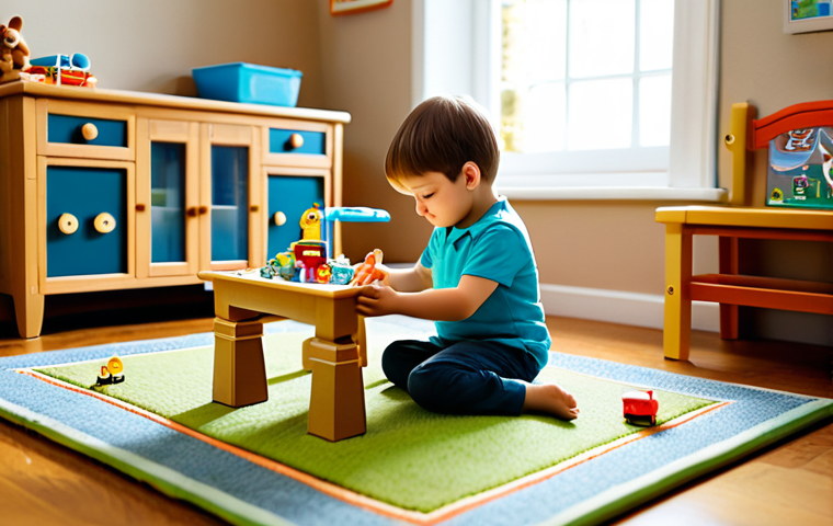 A young child, fully clothed in comfortable, modest attire, deeply absorbed in imaginative play on a soft rug in a sunlit playroom. Sylvanian Families figures and miniature furniture are arranged around them, creating a detailed, vibrant village scene. The child's hands are gently moving figures, expressing a sense of wonder and creativity, illustrating the development of fine motor skills and rich narrative building. The atmosphere is warm and inviting, captured with professional lighting and high-definition detail. This image is safe for work, appropriate content, and family-friendly, featuring perfect anatomy, correct proportions, natural pose, and well-formed hands.