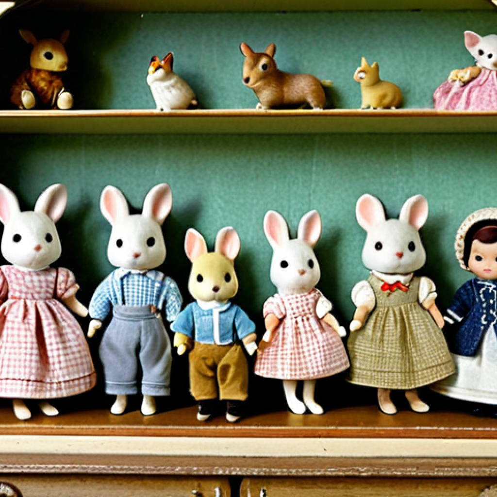 Vintage Sylvanian Families Display**
"A meticulously crafted diorama showcasing vintage Sylvanian Families figures from the 1980s, arranged on a weathered wooden shelf. The figures are fully clothed in modest, pastel-colored outfits with intricate hand-stitched details. Focus on the high-quality flocking and robust materials characteristic of early editions. Background features aged wallpaper and antique toys. Safe for work, appropriate content, fully clothed, perfect anatomy, correct proportions, natural pose, professional product photography, high quality, family-friendly."
**