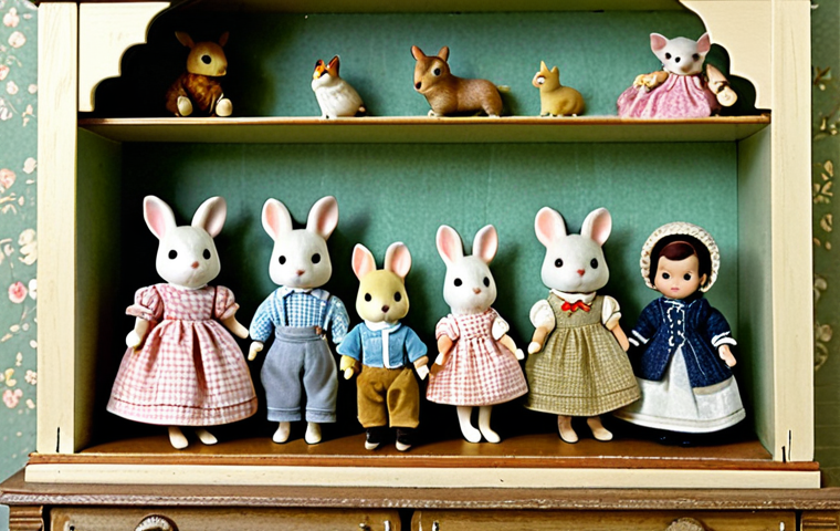 Vintage Sylvanian Families Display**

"A meticulously crafted diorama showcasing vintage Sylvanian Families figures from the 1980s, arranged on a weathered wooden shelf. The figures are fully clothed in modest, pastel-colored outfits with intricate hand-stitched details. Focus on the high-quality flocking and robust materials characteristic of early editions. Background features aged wallpaper and antique toys. Safe for work, appropriate content, fully clothed, perfect anatomy, correct proportions, natural pose, professional product photography, high quality, family-friendly."

**