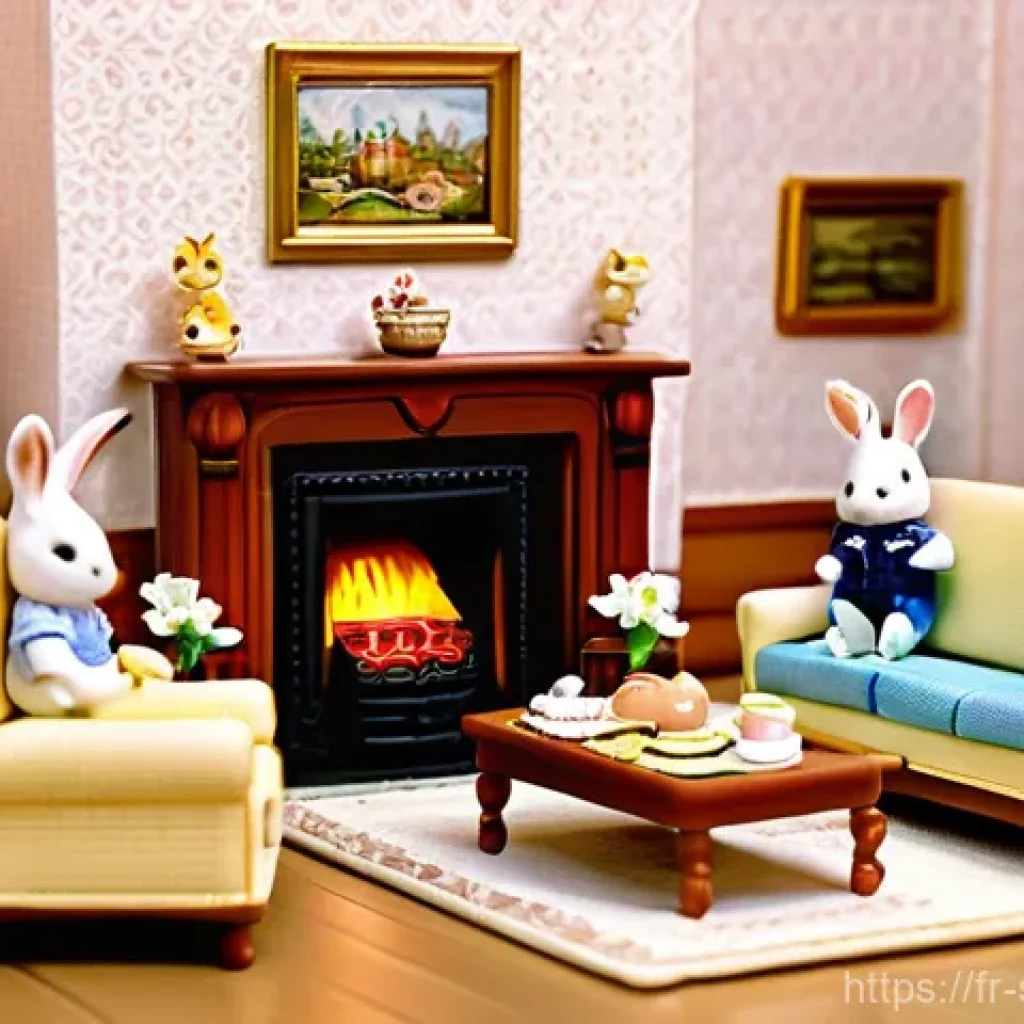 실바니안 가족과 일본 완구 시장의 변화 - **Prompt:** A cozy, intricately detailed living room scene from the Sylvanian Families universe. Fea...