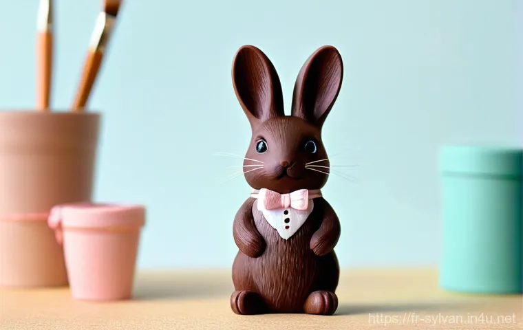 실바니안 가족 커스터마이징 아이디어 - **Prompt:** A whimsical Sylvanian chocolate rabbit figure, intricately customized with hand-painted ...