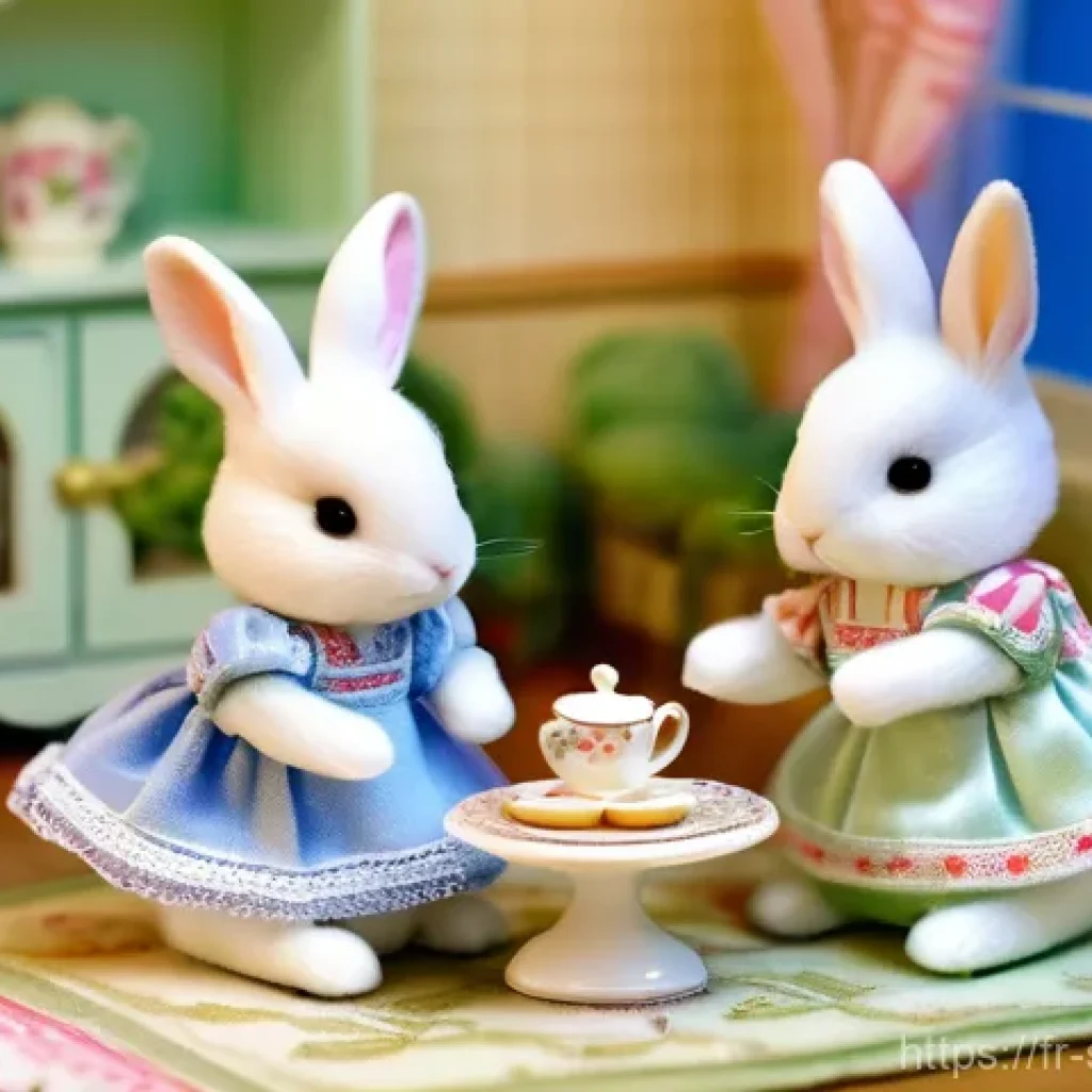실바니안 가족과 플레이모빌의 차이 - A charming Sylvanian Families scene featuring a family of fluffy, velvet-textured rabbits having a s...
