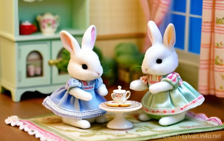 실바니안 가족과 플레이모빌의 차이 - A charming Sylvanian Families scene featuring a family of fluffy, velvet-textured rabbits having a s...