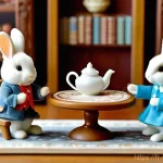 실바니안 가족의 시대별 변천사 - **Prompt:** A heartwarming scene featuring a Sylvanian rabbit family (father, mother, and two childr...