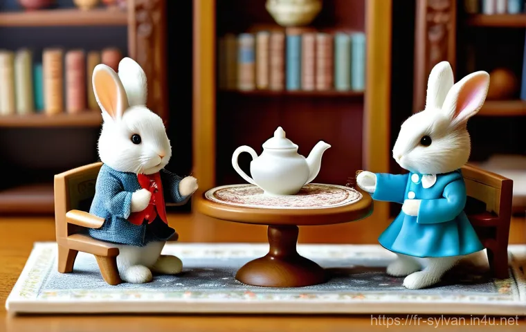 실바니안 가족의 시대별 변천사 - **Prompt:** A heartwarming scene featuring a Sylvanian rabbit family (father, mother, and two childr...