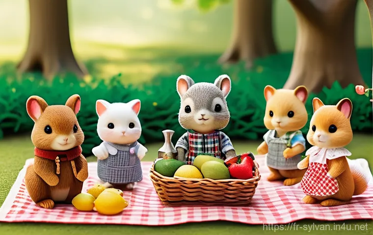 실바니안 가족의 시대별 변천사 - **Prompt:** A heartwarming scene featuring a Sylvanian rabbit family (father, mother, and two childr...