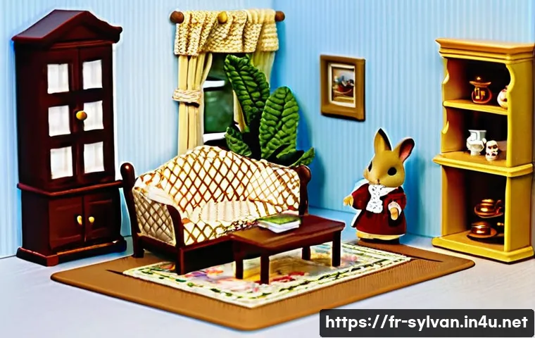 실바니안 가족의 인기 이유 - A meticulously crafted Sylvanian Families scene featuring a cozy miniature living room with detailed...