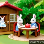 실바니안 가족 캐릭터별 설정 이야기 - A cozy Sylvanian Families wooden house scene set in a lush forest clearing during early morning ligh...
