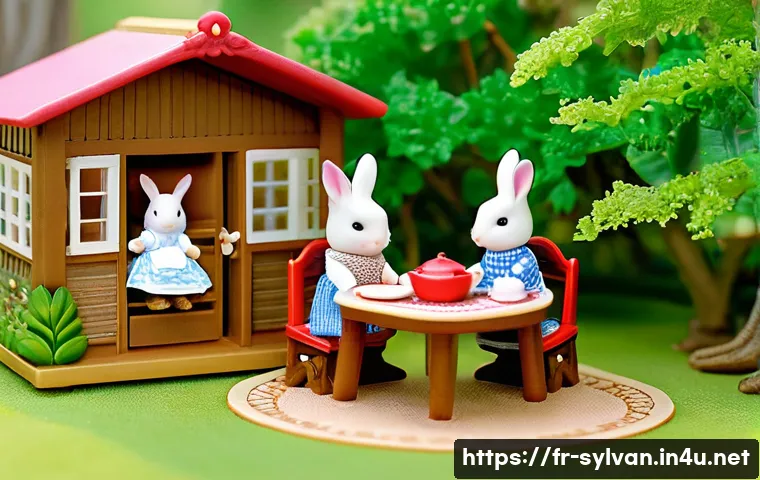 실바니안 가족 캐릭터별 설정 이야기 - A cozy Sylvanian Families wooden house scene set in a lush forest clearing during early morning ligh...