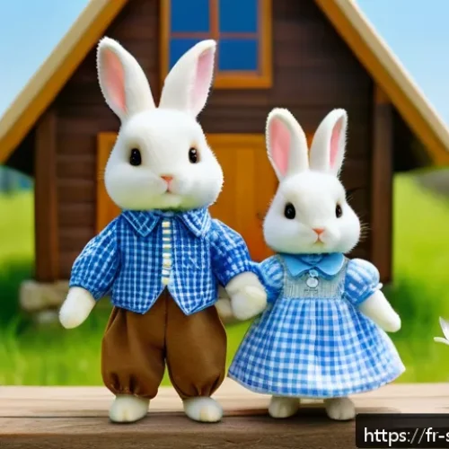 실바니안 가족 캐릭터 이름 총정리 - A charming countryside scene featuring the Sylvanian Rabbit family: a father rabbit dressed in a blu...