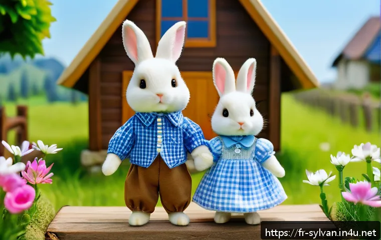 실바니안 가족 캐릭터 이름 총정리 - A charming countryside scene featuring the Sylvanian Rabbit family: a father rabbit dressed in a blu...