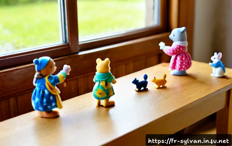 실바니안 가족의 소재 안전성 - Photorealistic close-up of a safe miniature woodland animal family toy set on a clean light oak tabl...